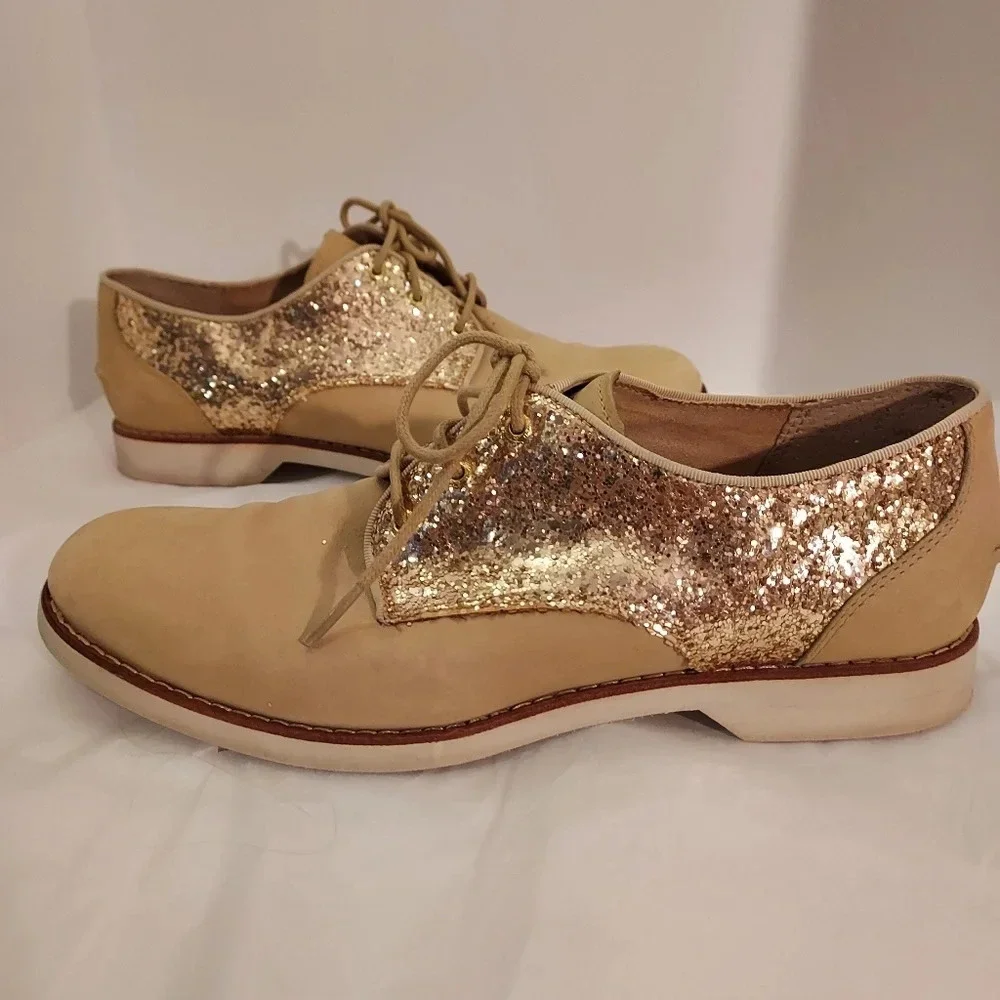 Sperry Top-Sider Beige and Gold Sequin Glitter Lace Up Oxford Shoes in Size 8.5M